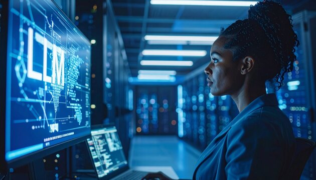A woman works on the computer system in a data center