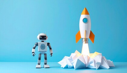 A robot stands next to a paper rocket, symbolising innovation and technological advancement