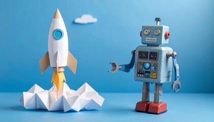 A toy robot next to a paper rocket that has just launched