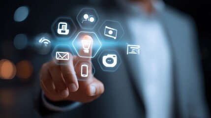 Digital connection icons floating near businessman in modern corporate office at night