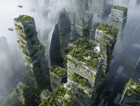 Futuristic city verdant, layered skyscrapers, drone traffic, & foggy atmosphere