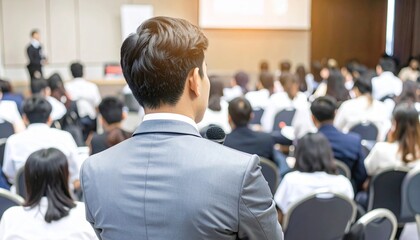 A business conference with a speaker addressing an attentive audience