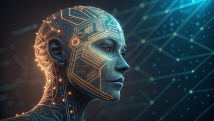 Futuristic AI Humanoid with Glowing Circuit Patterns and Digital Network