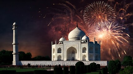 Taj Mahal illuminated by vibrant fireworks during national celebration