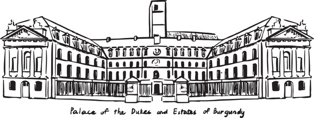 Fototapeta premium Detailed ink sketch of the Palace of the Dukes and Estates of Burgundy in Dijon, France, historic landmark with classical facade, windows, columns, and heritage architecture in black and white.
