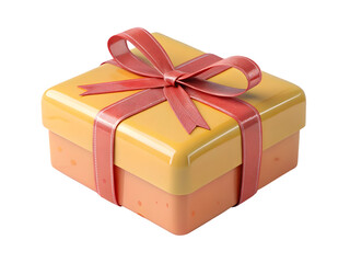 Naklejka premium Glossy yellow and orange plastic gift box with red ribbon bow present