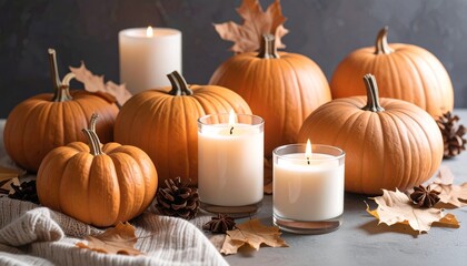 A warm and inviting autumn centerpiece with pumpkins and lit candles. A cozy display perfect for the fall season