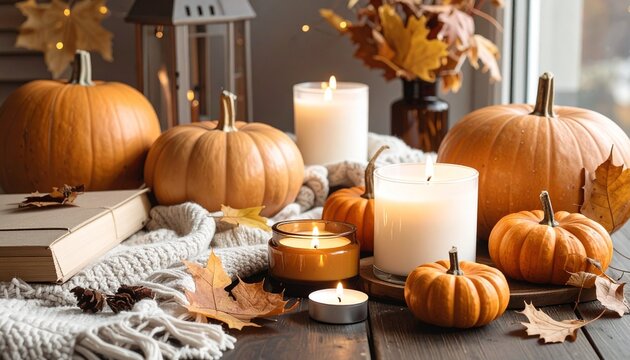 A cozy autumnal arrangement of pumpkins and lit candles, with decorative leaves creating a warm, inviting atmosphere. The scene captures the essence of fall with its warm colors and textures.