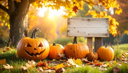 Naklejka premium A collection of vibrant pumpkins, some carved with jack-o'-lantern faces, set against a backdrop of autumnal trees and leaves