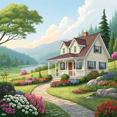 A charming countryside house surrounded by a vibrant garden, set against a scenic backdrop of rolling hills, forest, and a tranquil lake