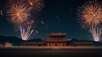 Illustrated night scene of North Korean landmark with fireworks display