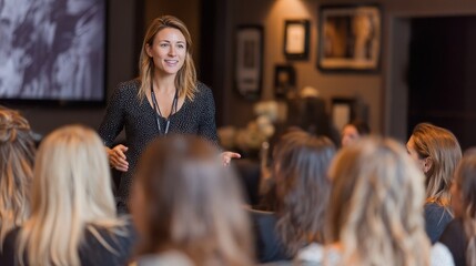 Obraz premium Engaging presentation by a woman in front of an audience in a modern venue