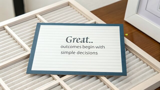 Motivational quote card on desk inspiring decision making and success