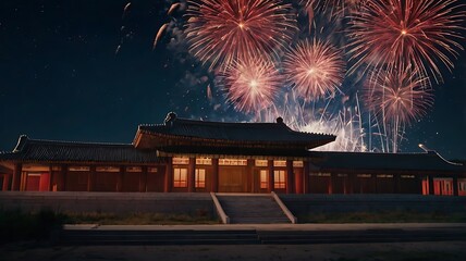 Vector celebration of North Korean heritage with fireworks and skyline