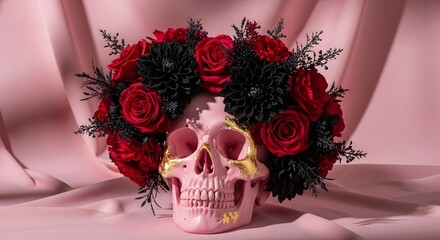 Pink skull adorned with a vibrant wreath of crimson roses and black dahlias, a captivating contrast against a soft pink backdrop. Elegant and slightly macabre.