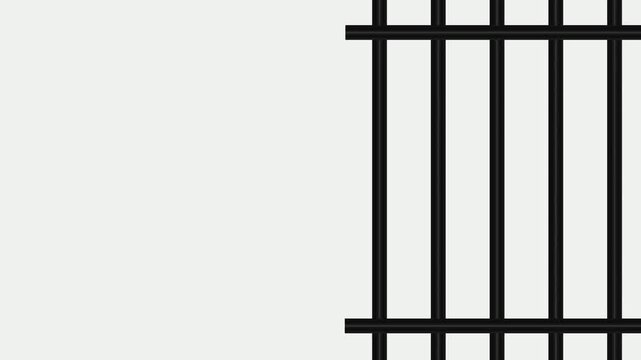 A static camera closeup of a heavy welded iron jail cell door,  jail bars door with alpha matte and green screen,
 3d rendered animation of opening prison door on green screen 