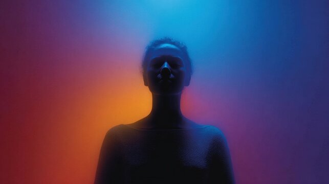 A portrait of an enigmatic figure with their face obscured, standing in front of a gradient background that transitions from blue to orange. - Powered by Adobe