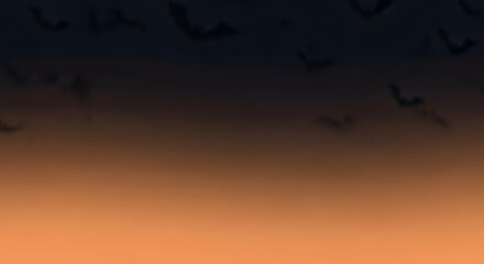 Silhouetted bats against a twilight sky, a gradient of deep purple fading into warm orange hues. Mysterious, ethereal, and slightly spooky, the image evokes a sense of nighttime wonder.