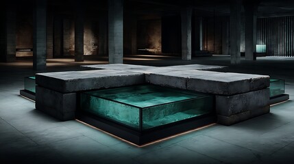 the image showcases a contemporary indoor installation with a focus on contrasting textures and a subdued color palette