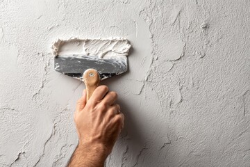 Vibrant photo of person applying texture cream on an indoor wall with a trowel, close-up of hands and tools, neutral color background, focus on textures, professional.