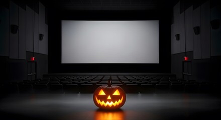 A glowing jack-o-lantern sits center stage in a dark, empty movie theater. The large screen remains blank, awaiting a spooky film. A perfect Halloween night at the cinema.