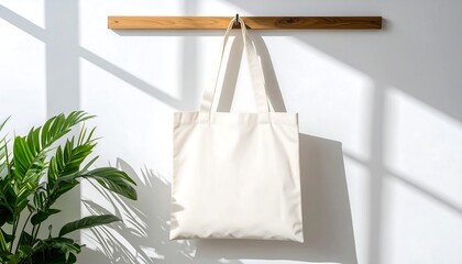 Eco-Friendly Canvas Tote Bag Hanging on a Wooden Rack, Minimalist Lifestyle Concept