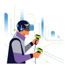 Virtual Exploration: A man immersed in a virtual reality experience, navigating a digital world with VR headset and controllers, symbolizing the forefront of technology.