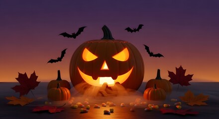 Enchanted Halloween Night, Glowing Jack-o-lantern smiles amidst swirling mist, bats fly high above autumn leaves and candy corn scattered below. A spooky yet whimsical scene.