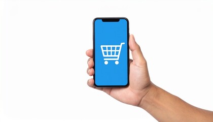 A person hand holding a smartphone with shopping cart icon, concept of online shopping.