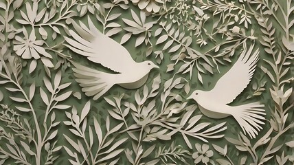 Peace-themed paper-cut design with soft colors and national symbolism