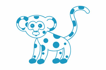 Cute Spotted Blue Monkey Cartoon Style, Outline on White Background