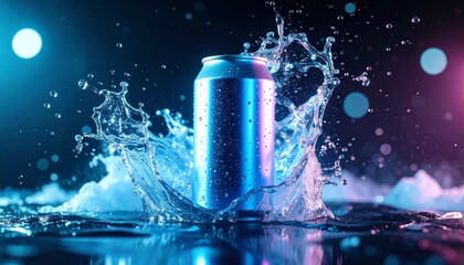 Futuristic concept of an energy beverage can frozen in motion with a dynamic splash of neon-lit liquid