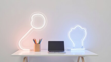 Desk with neon art and laptop neon lights