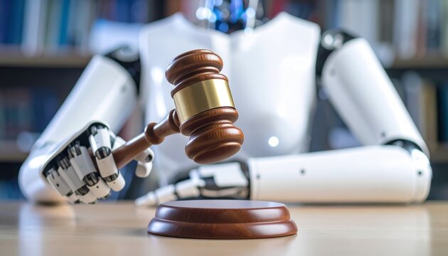 A robot's hand holding a gavel, signifying the intersection of law and artificial intelligence