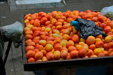 A wooden cart is filled with ripe, red and yellow tomatoes. A black plastic bag and a blue bottle cap are on top. The background shows a wet street surface, indicating recent rain. 