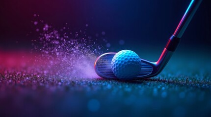 Golf club hitting ball with colorful particles golf ball