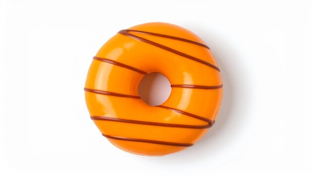 A delicious, glazed orange donut with chocolate stripes