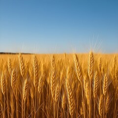 Obraz premium 4K ultra-realistic image of ripe golden wheat field under clear blue sky, sharp focus on wheat stalks