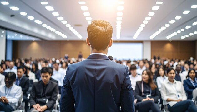 An impressive view of a speaker commanding attention from a large, diverse audience during a conference event