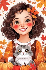 A cheerful autumn illustration of a smiling curly-haired girl with her cat surrounded by pumpkins and colorful fall leaves. Perfect for seasonal designs, greeting cards, children&rsquo;s artwork, and holida