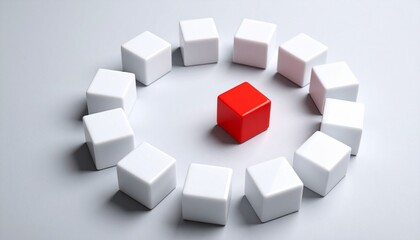Fototapeta premium A single red cube centered in a circle of white cubes, symbolizing uniqueness or standing out from the crowd
