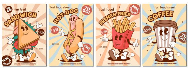 set of takeaway food posters with groovy character sandwich hot dog french fries and coffee text special offer retro cafe banners