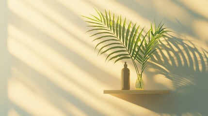 Palm Fronds and Bottles on Shelf with Dramatic Sunlight and Shadows