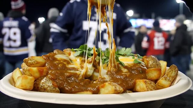 Melted cheese being poured on a plate of poutine at a sports stadium with spectators in the background