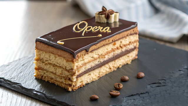 Opera cake with chocolate glaze and coffee beans on slate board  