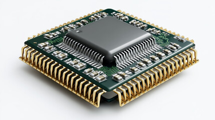Realistic 3D Rendering of a Microchip with Gold Pins and Circuit Design Background