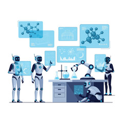 Robots at Science Lab: Futuristic robots collaborate within a cutting-edge science laboratory, analyzing data and performing complex tasks with precision.