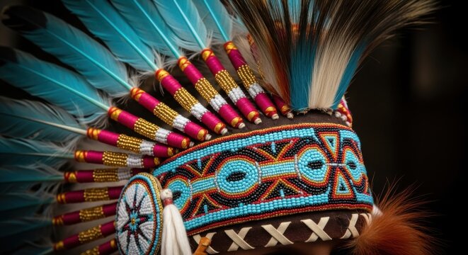 Closeup of a colorful native american headdress with intricate beadwork and feathers