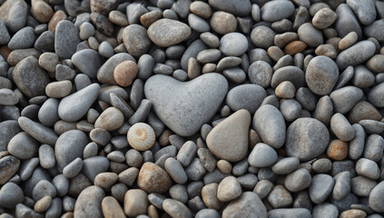 Heart-shaped stone surrounded by pebbles and a shell on a beach.