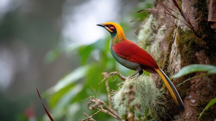 Fototapeta premium A vibrant bird with red, yellow, and black plumage perched on a tree trunk in a lush green forest.